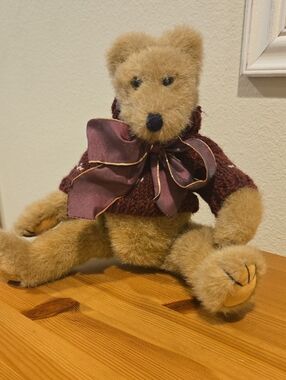 Plush Teddy Bear with Burgundy Sweater and Satin Bow